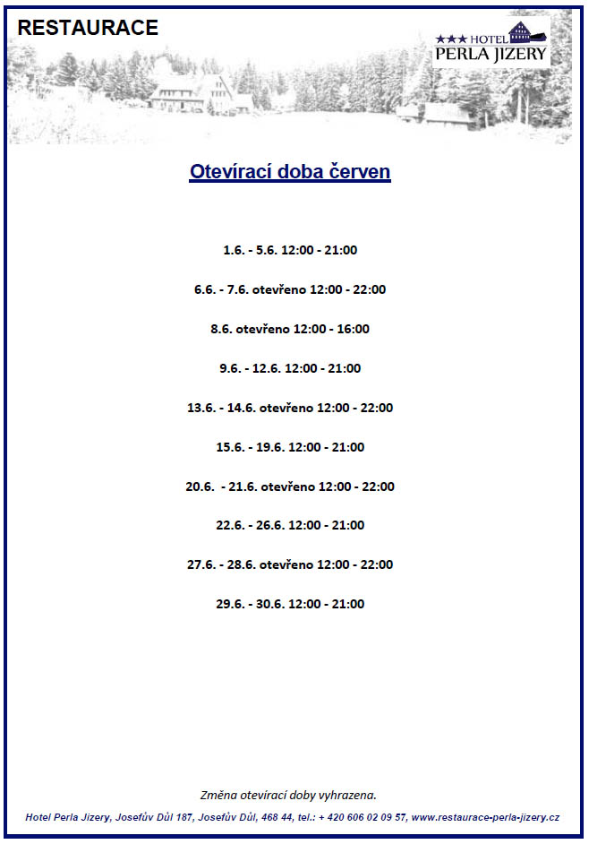Otevírací doba restaurace - červen